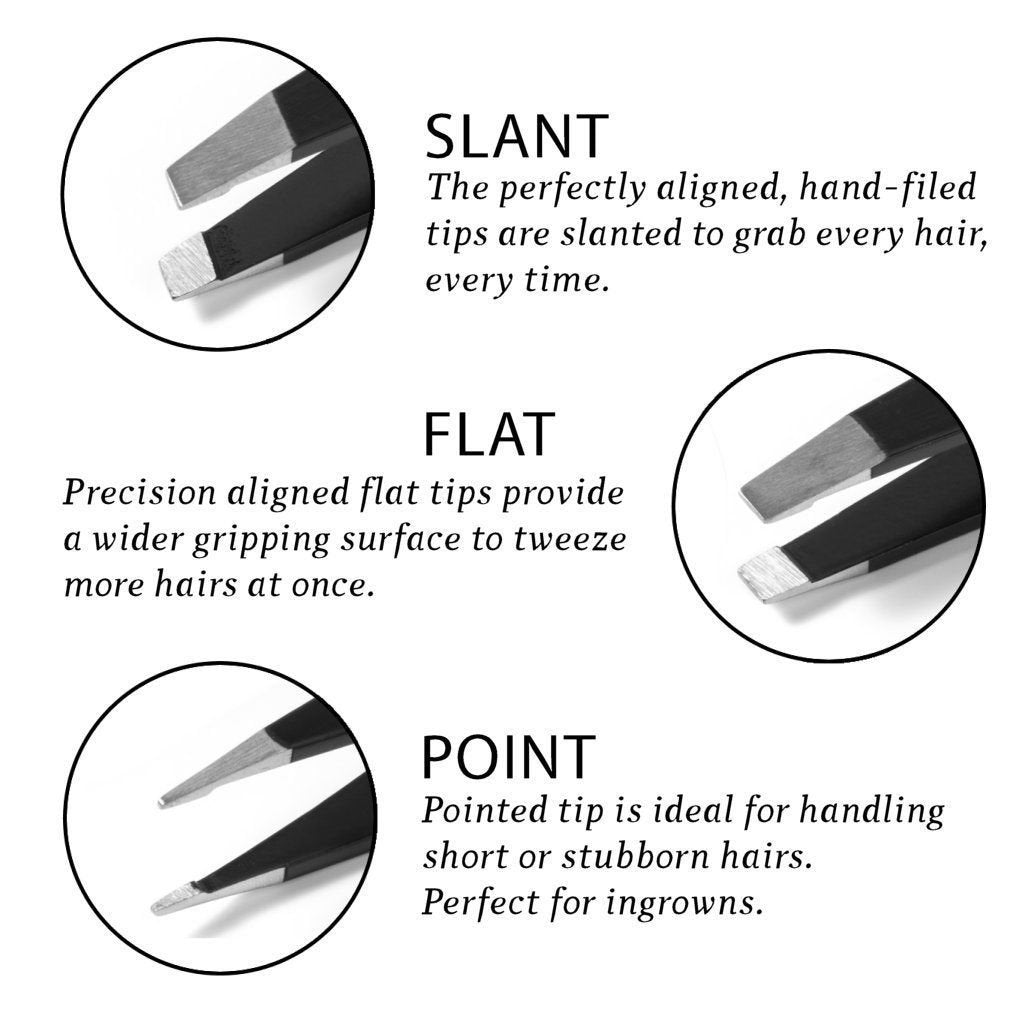DOLABEY Professional Stainless Steel Tweezers Set - Slant Point Flat Tip w/Free Leather Pouch Best Surgical Grade for Eyebrow, Ingrown Hair and Splinters