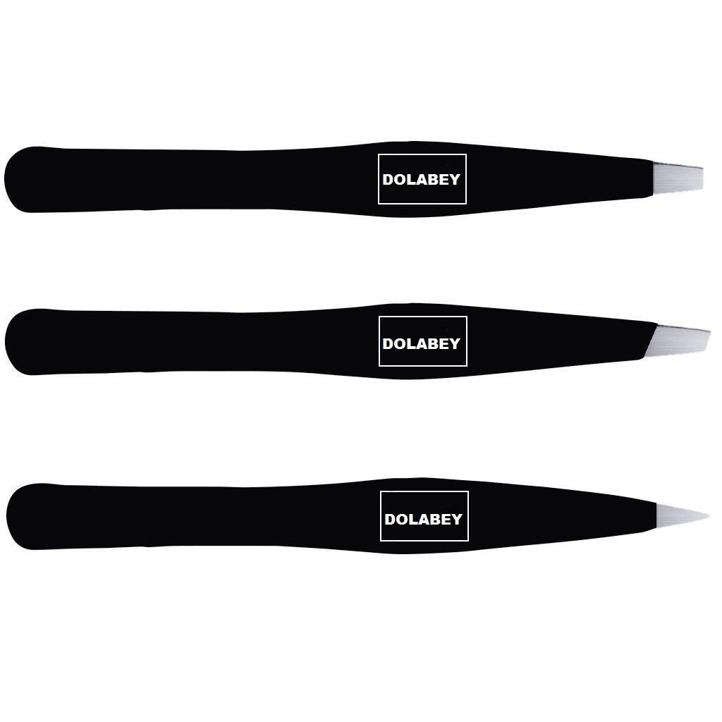 DOLABEY Professional Stainless Steel Tweezers Set - Slant Point Flat Tip w/Free Leather Pouch Best Surgical Grade for Eyebrow, Ingrown Hair and Splinters