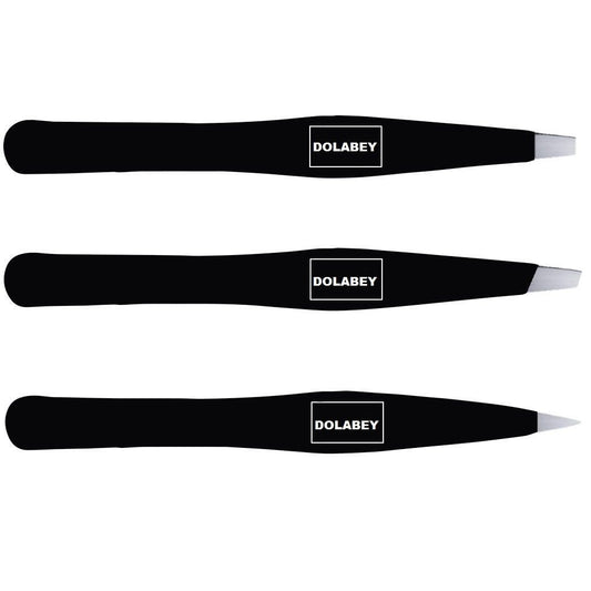 DOLABEY Professional Stainless Steel Tweezers Set - Slant Point Flat Tip w/Free Leather Pouch Best Surgical Grade for Eyebrow, Ingrown Hair and Splinters