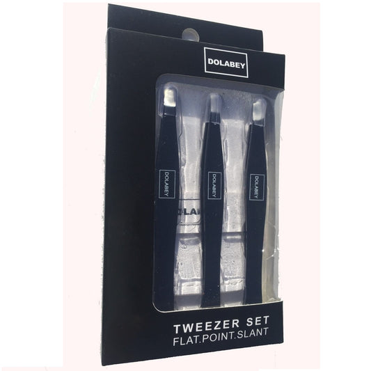 DOLABEY Professional Stainless Steel Tweezers Set - Slant Point Flat Tip w/Free Leather Pouch Best Surgical Grade for Eyebrow, Ingrown Hair and Splinters